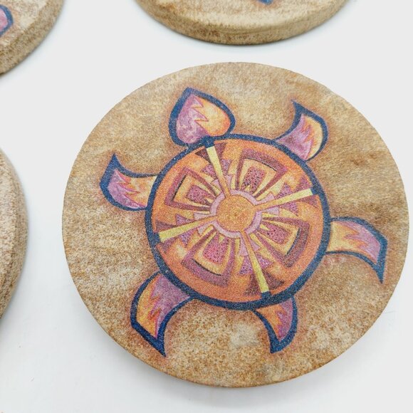Sea Turtle Stone Coaster Set Of 4 Round Cork Back READ - Picture 2 of 8